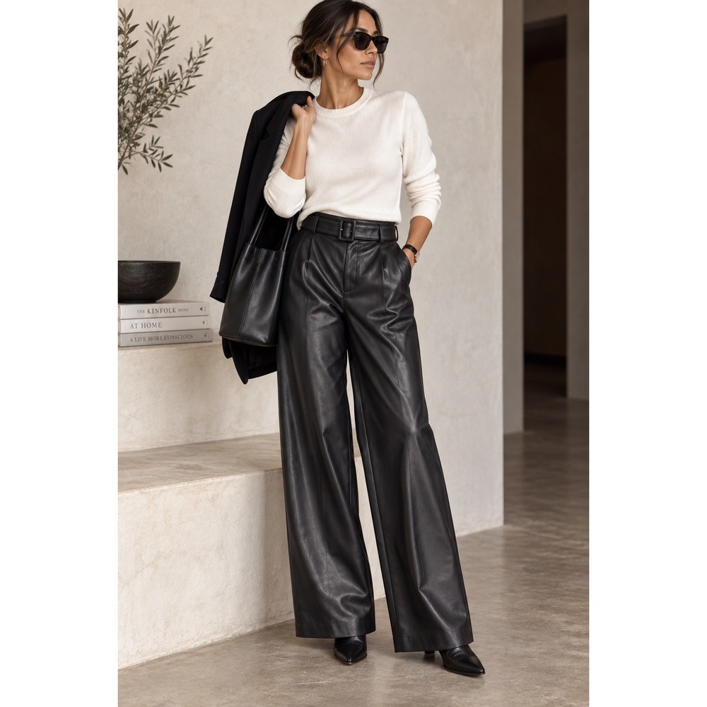 Loft Faux Leather Wide Leg Belted Trousers Black High Rise Pants  Sz 10 NWT